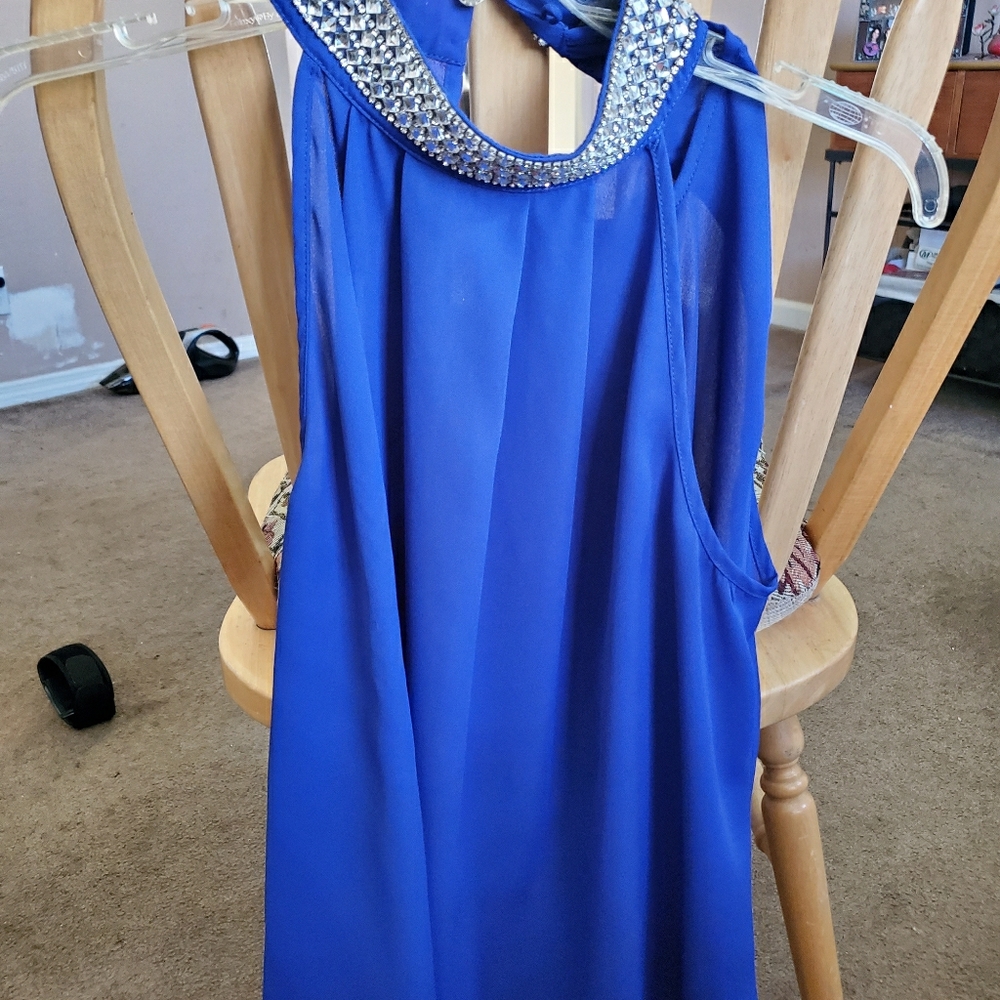 Saffire blue blouse with rhinestone collar